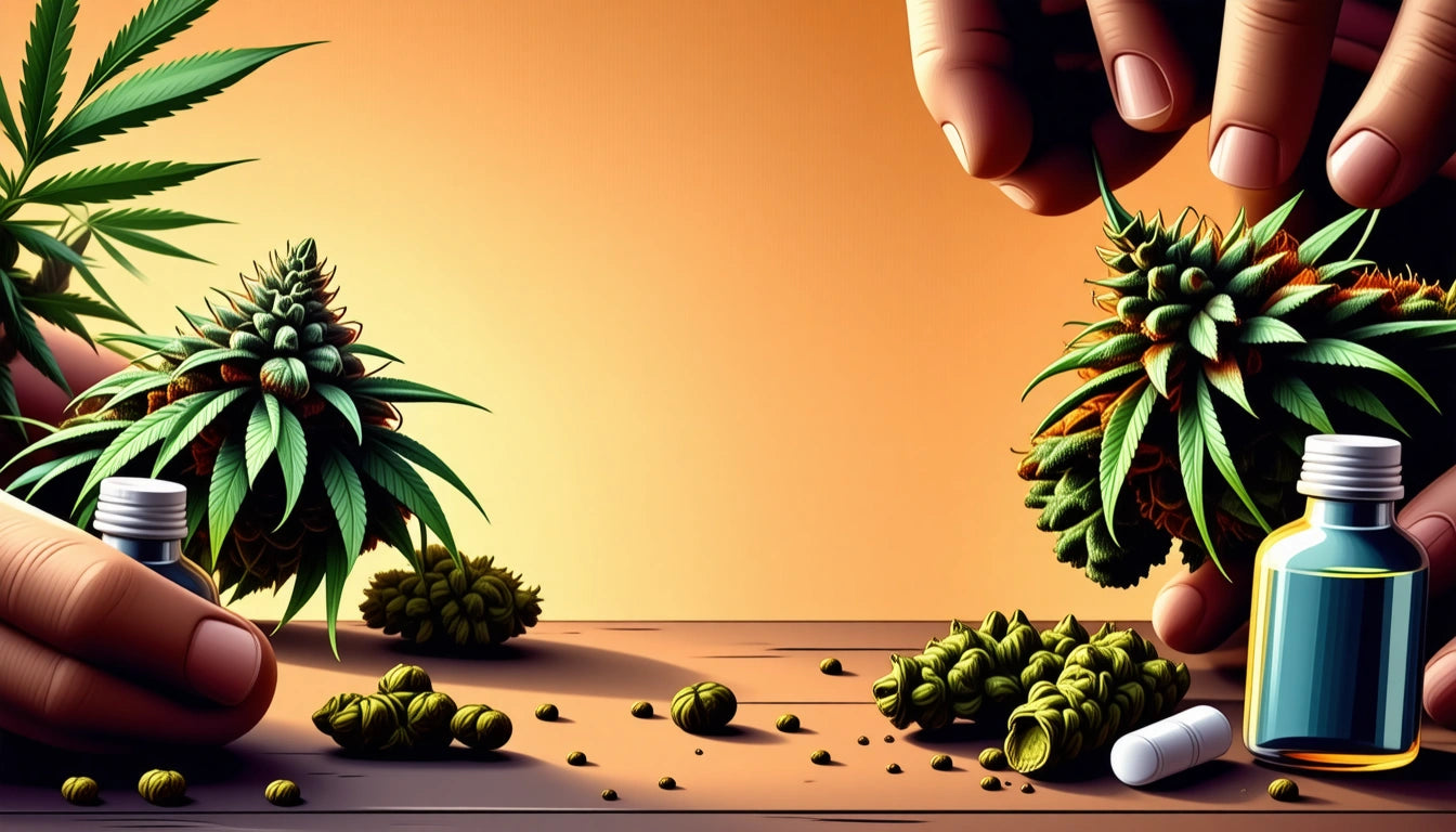 Hands holding cannabis buds, surrounded by scattered buds, leaves, a small bottle, and a capsule on a wooden surface