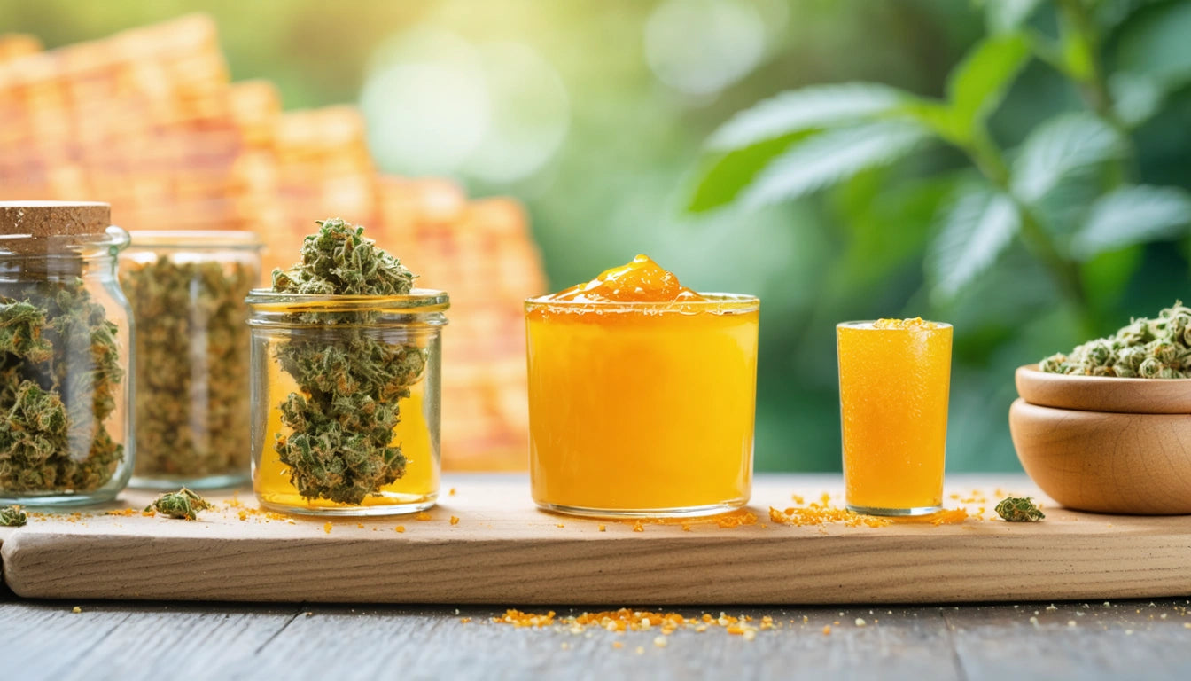 Jars with green plant material, a glass of orange liquid, and a small orange shot on a wooden board, blurred greenery background