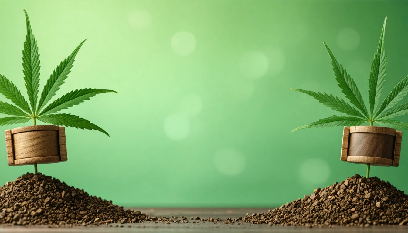 Two small wooden pots with green leaves on mounds of soil against a blurred green background