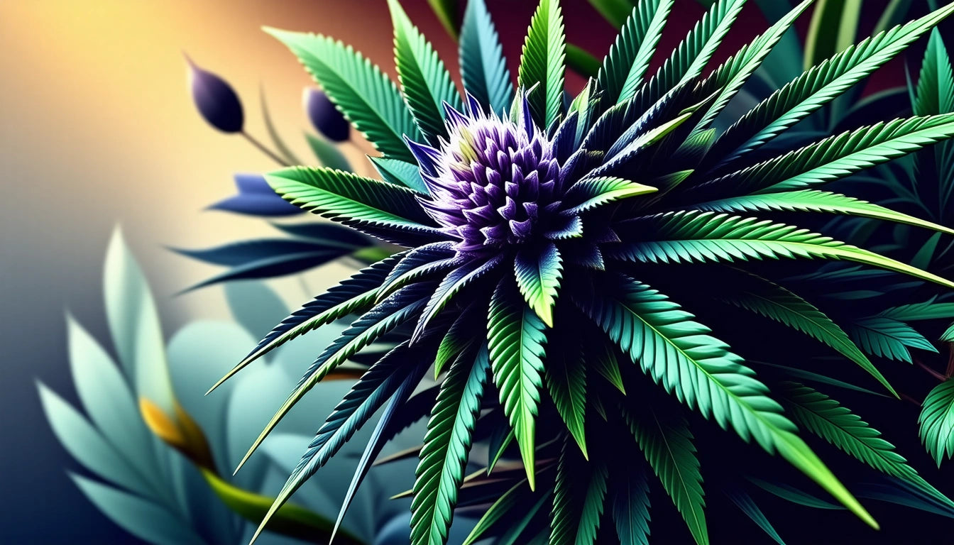 Green spiky leaves radiate from a central purple flower, with blurred leaves and buds in the background