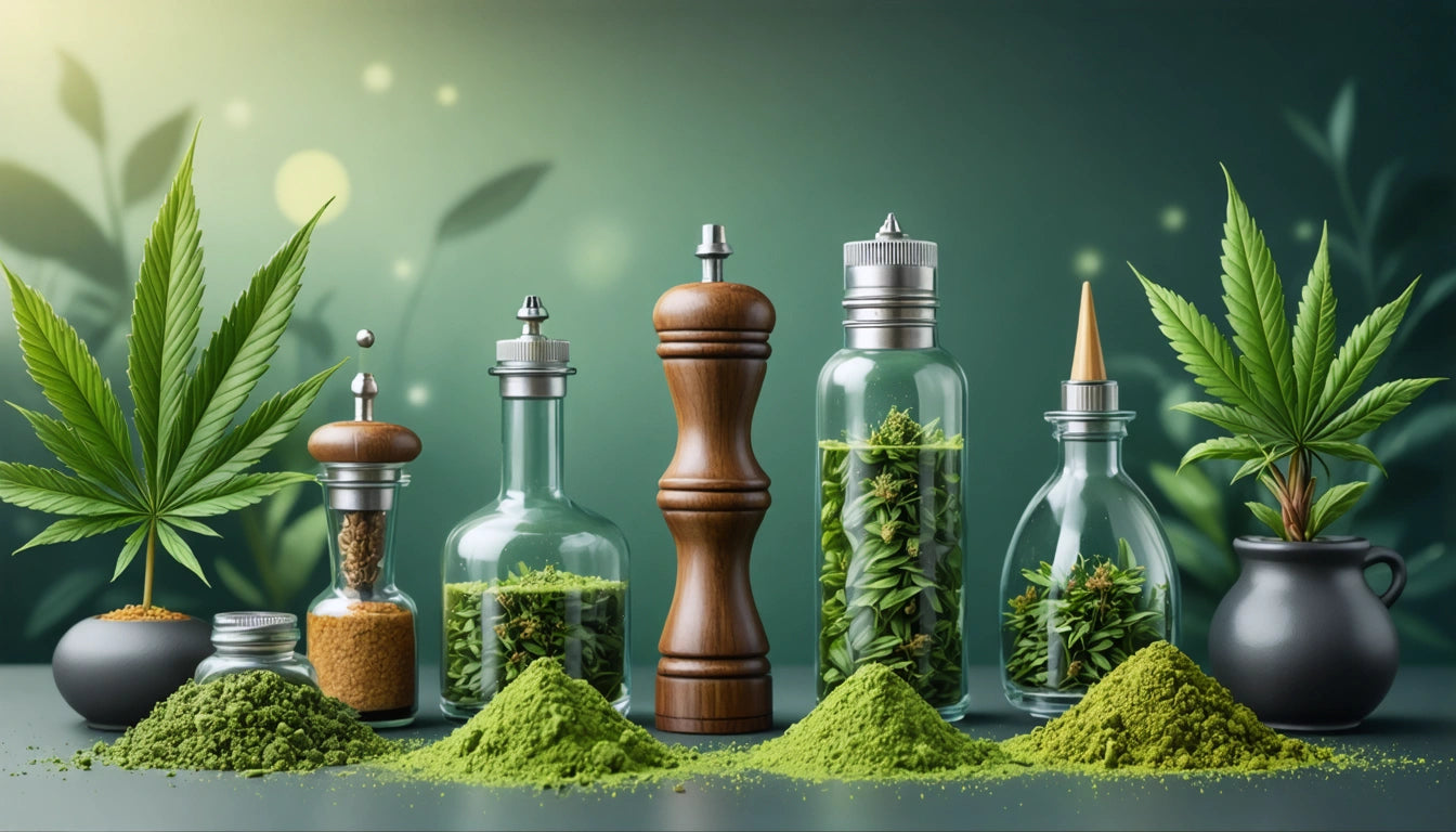Glass bottles with green herbs, wooden pepper mill, mounds of green powder, and potted plant on a green background