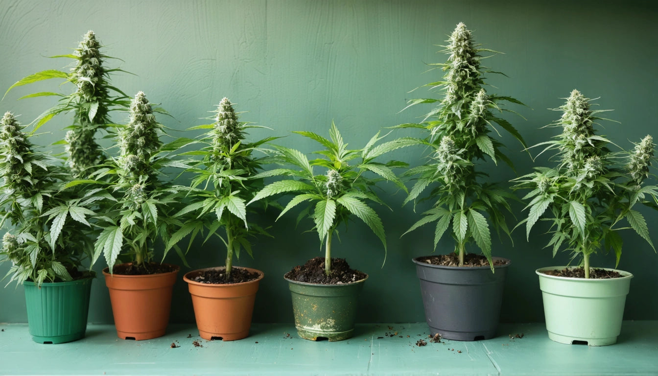 Six potted plants with green leaves and tall, dense buds against a green background