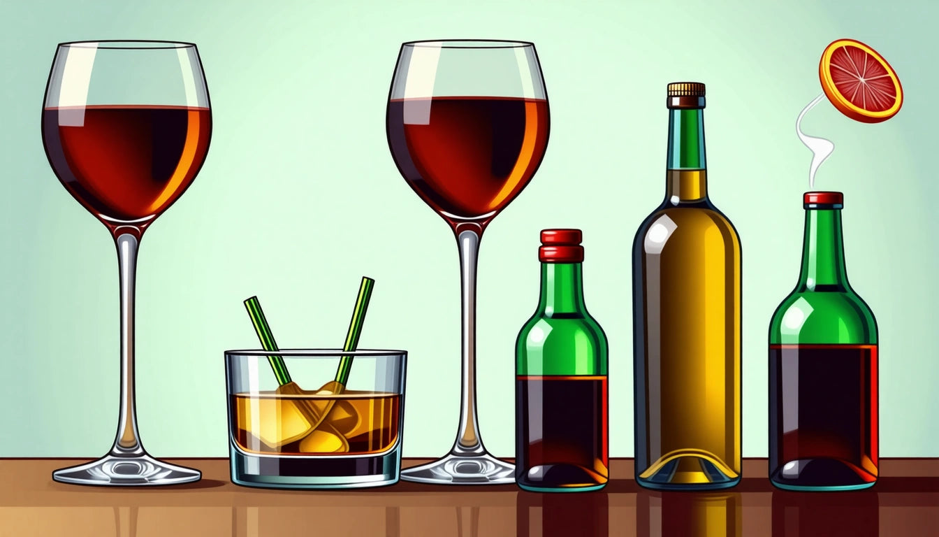 Two wine glasses, whiskey glass with ice and straws, green and brown bottles, sliced orange on a wooden surface