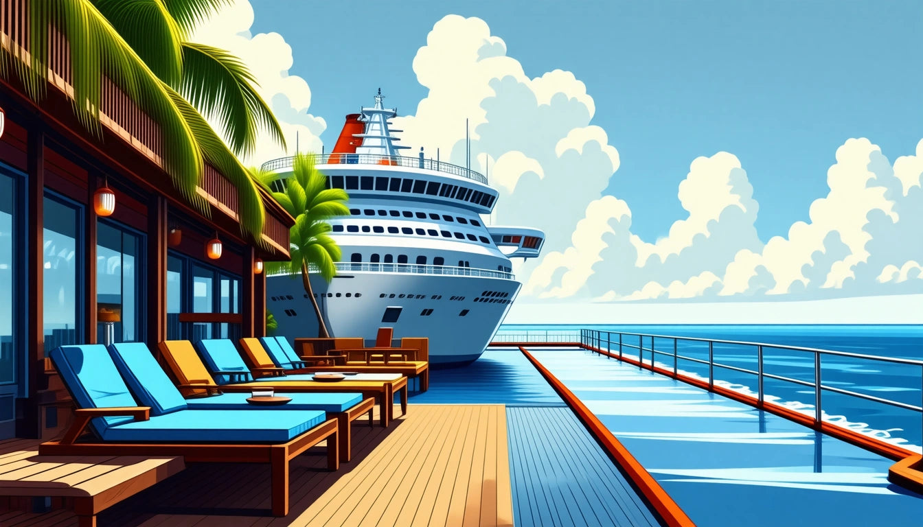 Cruise ship docked near a wooden deck with blue lounge chairs, palm trees, and ocean view under a sky with fluffy clouds