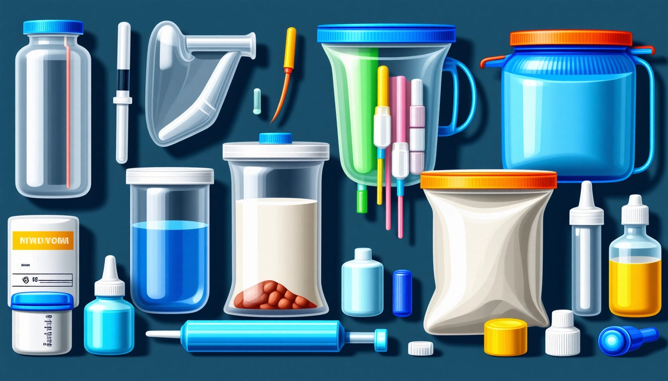 Various medical containers and tools, including syringes, pill bottles, and jars, arranged on a blue background