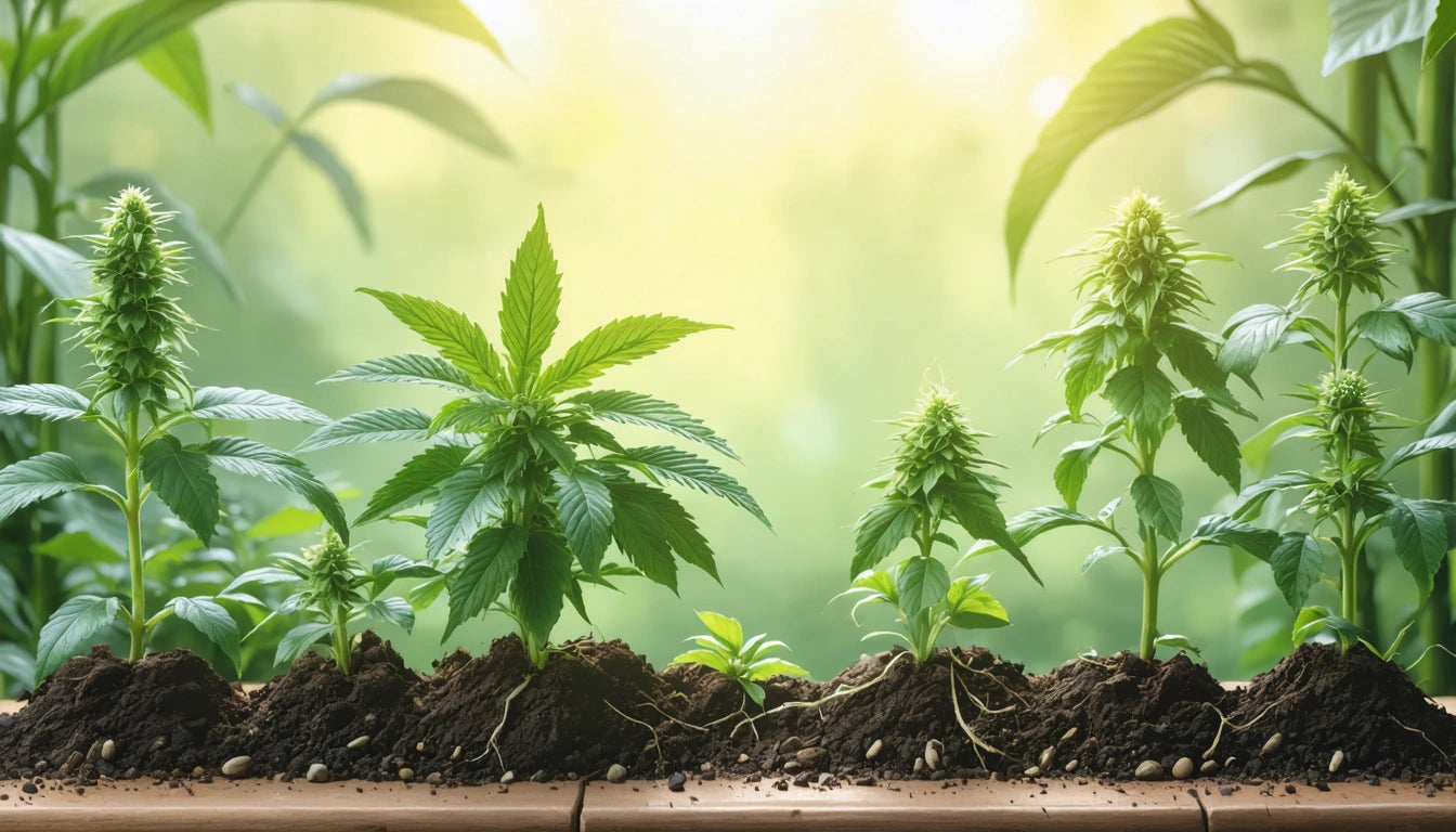 Five cannabis plants in soil on a wooden surface, with lush green leaves and buds, against a blurred green background