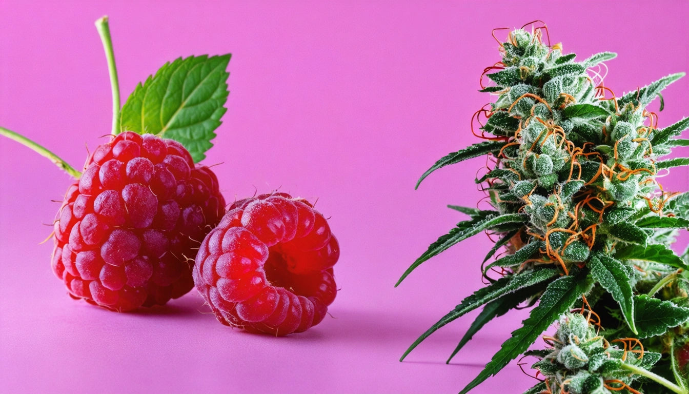 Two raspberries with a green leaf next to a spiky green and orange plant on a pink background