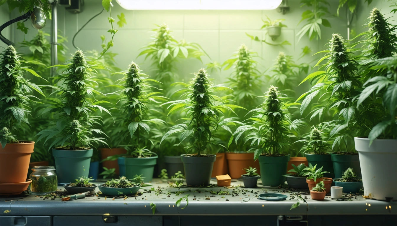 Potted plants with lush green leaves on a table under bright fluorescent lighting, surrounded by scattered soil and small tools