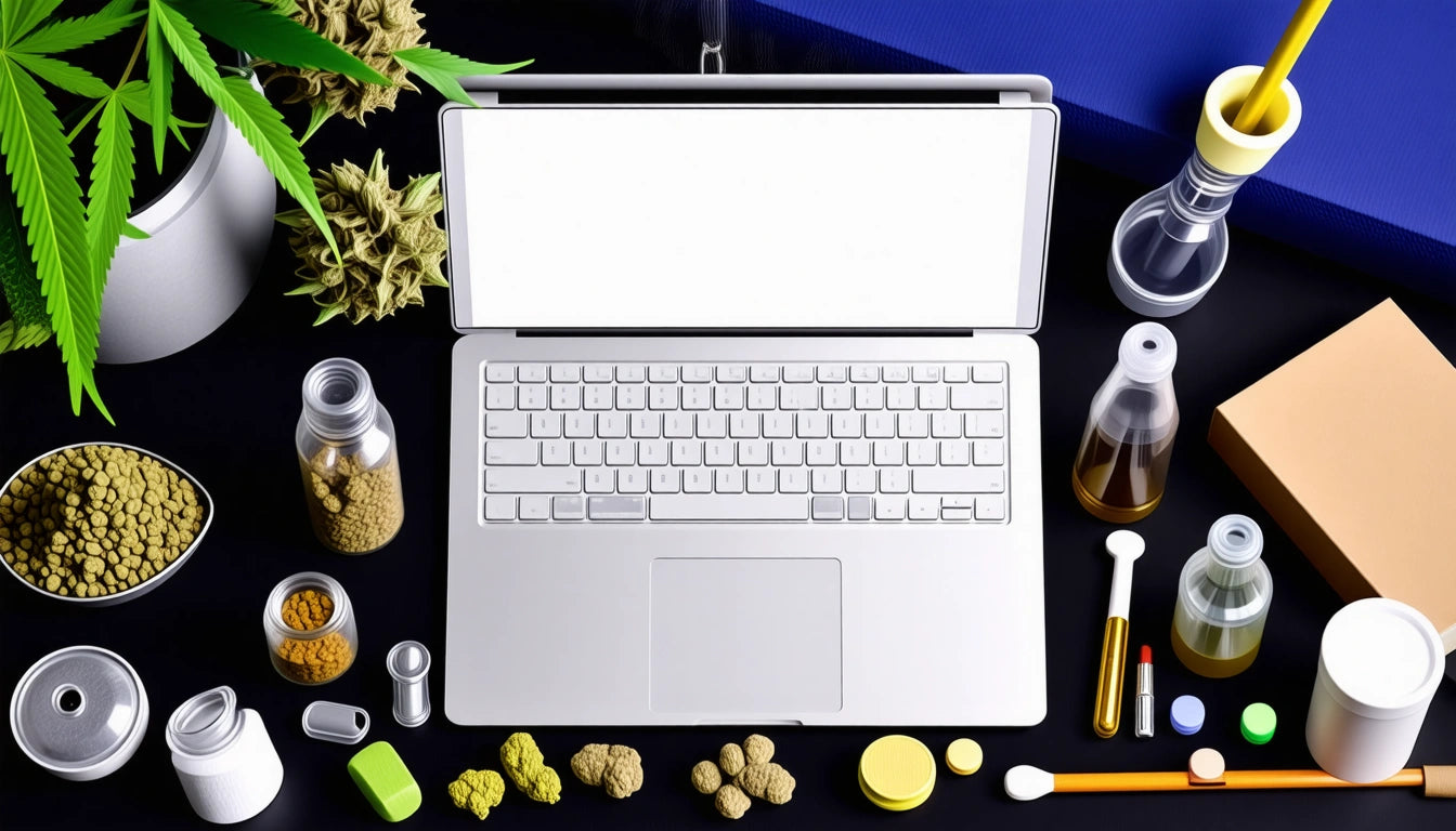 Open laptop surrounded by jars, bottles, pills, and cannabis leaves on a black surface