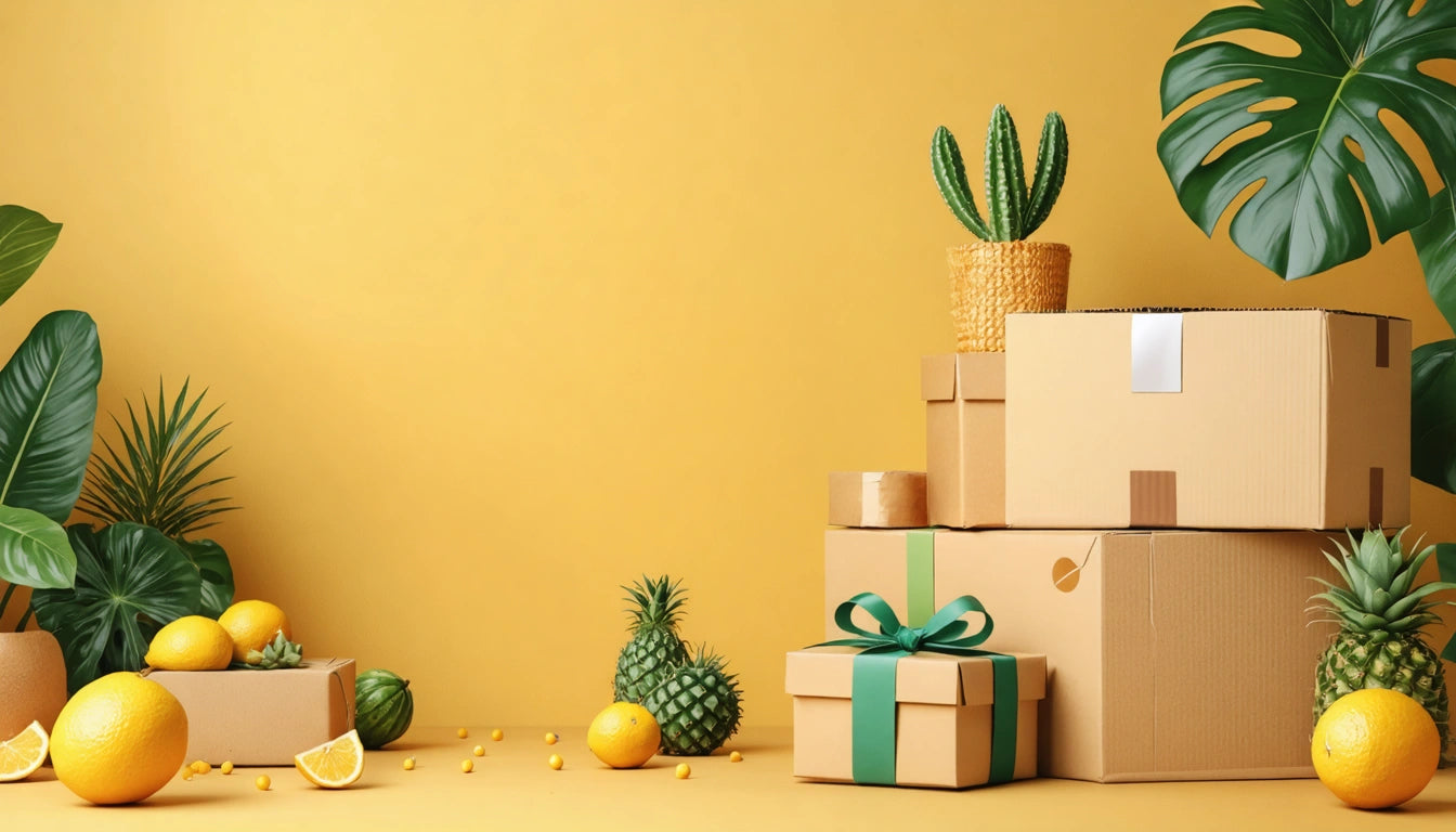 Cardboard boxes stacked with a green ribbon, surrounded by lemons, pineapples, and green plants against a yellow background