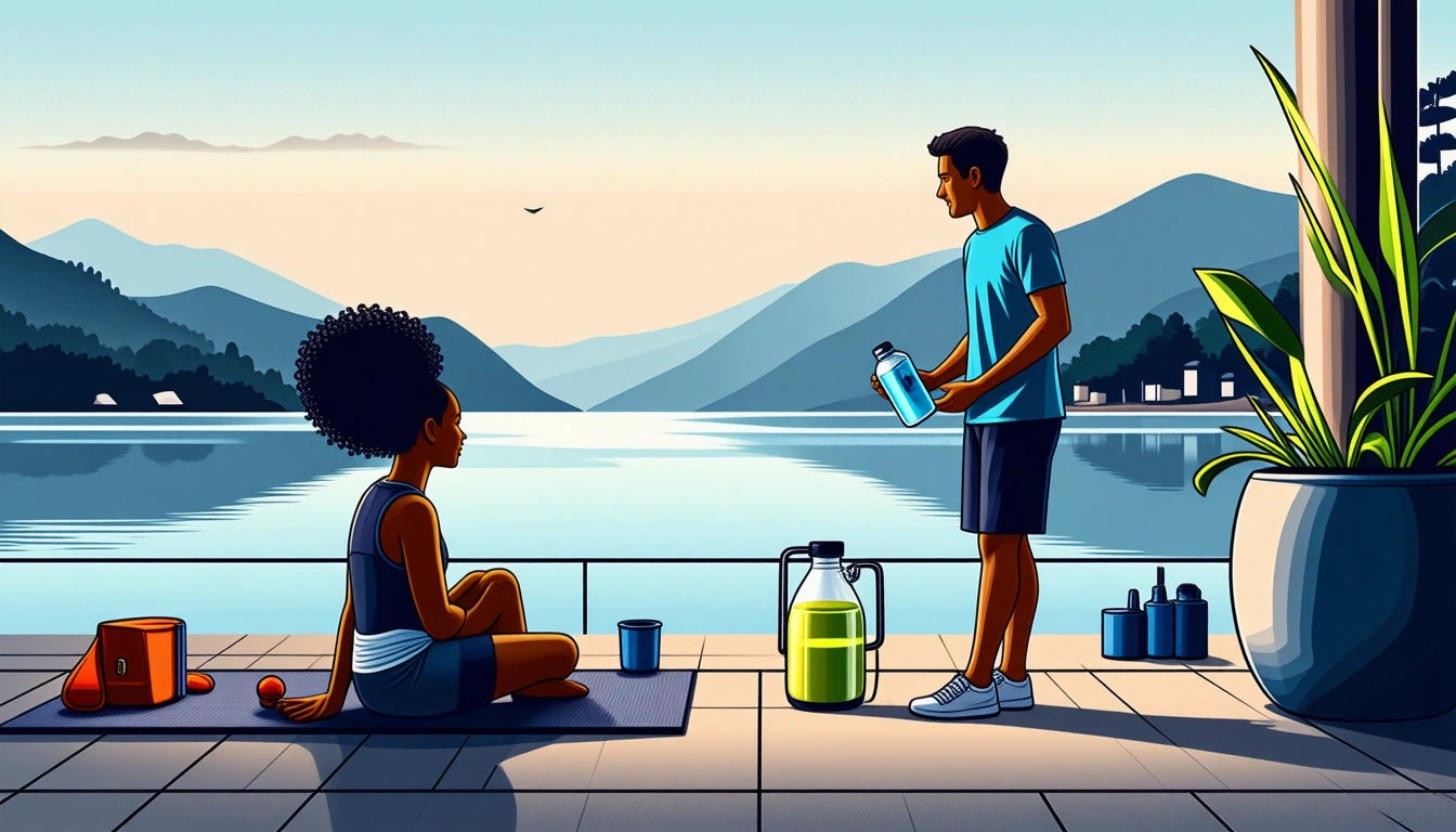 Woman sitting on yoga mat, man holding water bottle, overlooking a lake with mountains, potted plant on the right