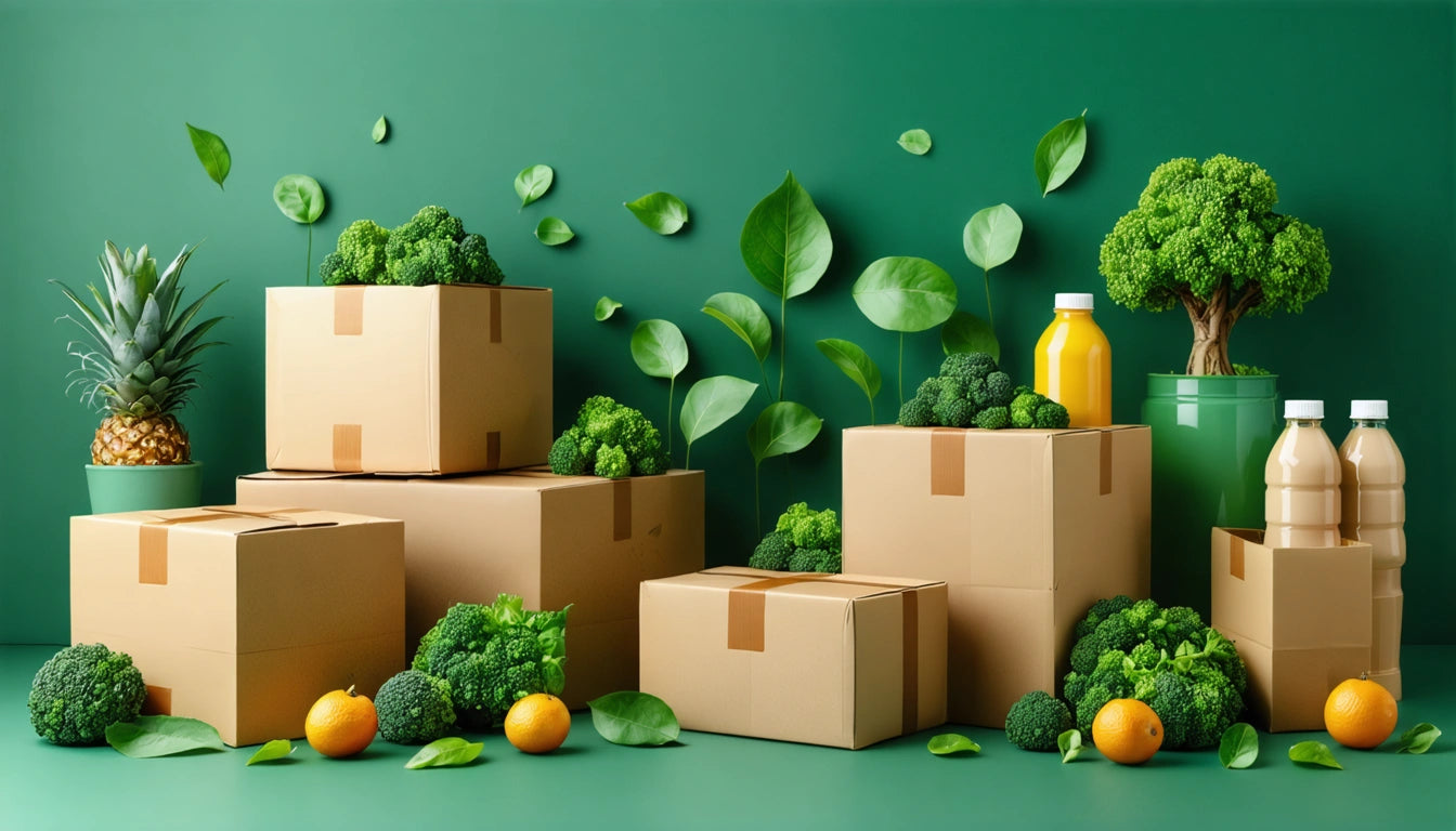 Cardboard boxes surrounded by broccoli, oranges, a pineapple, and green leaves against a green background