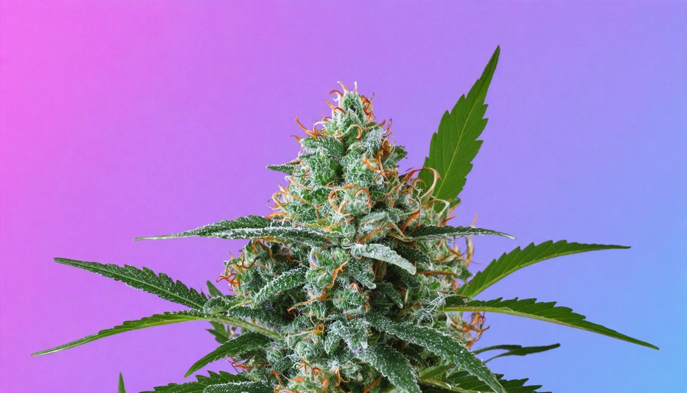 Green plant with frosty leaves and orange hairs against a gradient pink to blue background