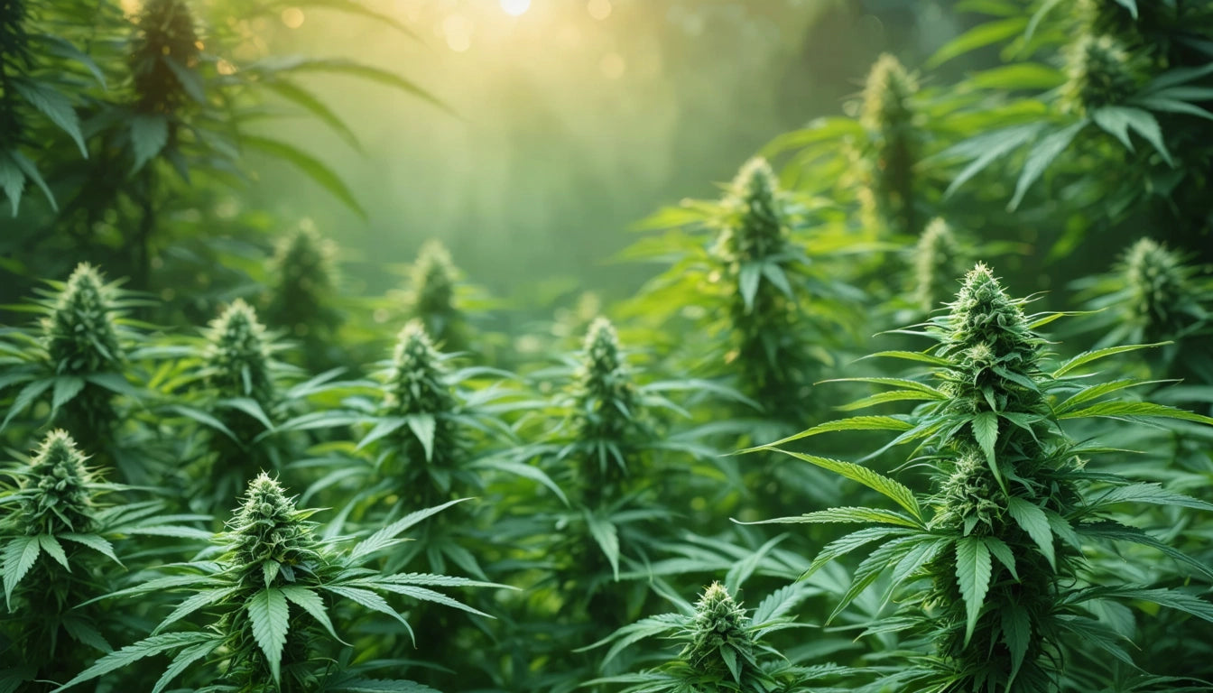 Dense green plants with pointed leaves and clustered buds, sunlight filtering through in the background