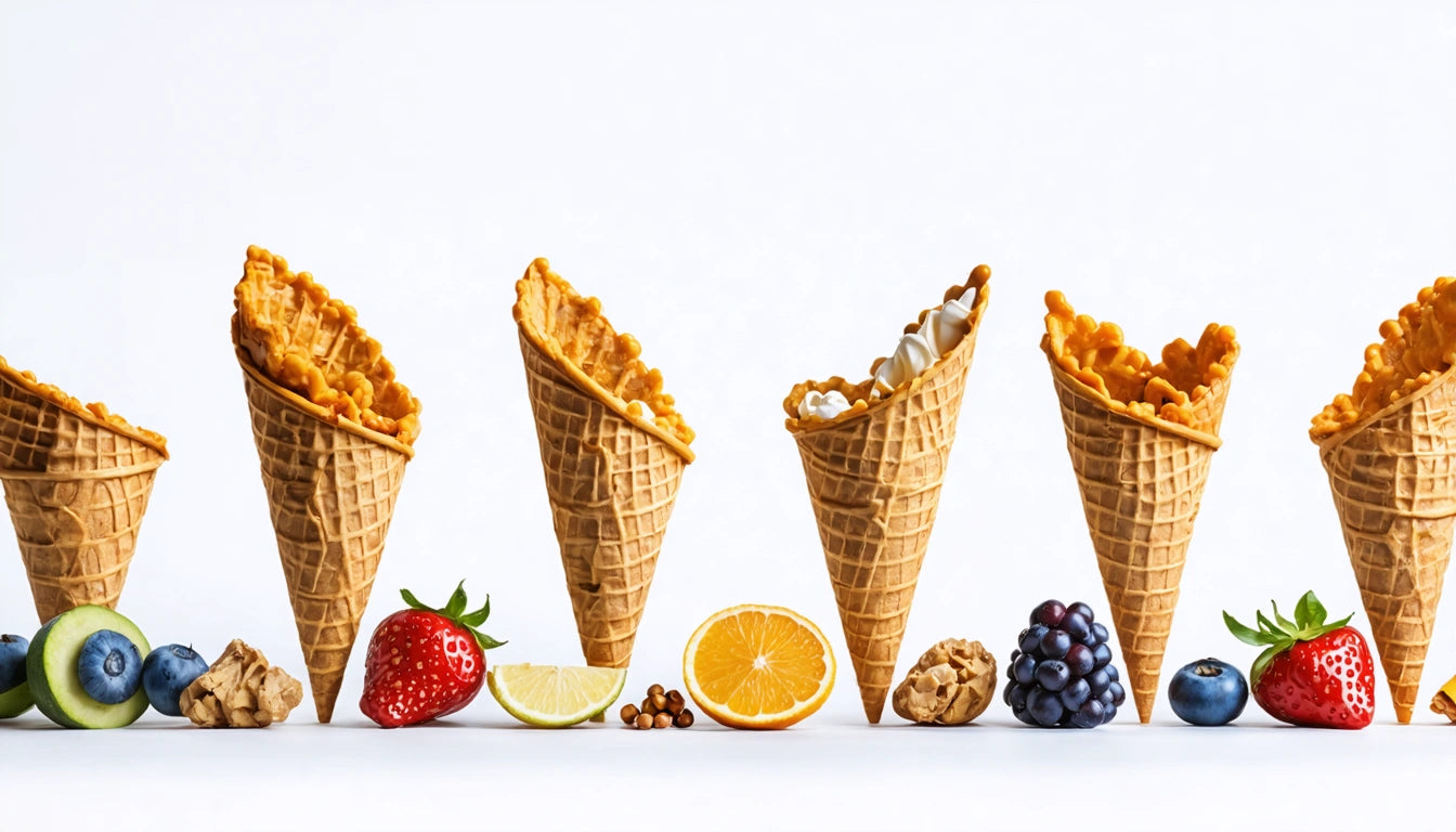 Waffle cones filled with various toppings, lined up with fruits and nuts like strawberries, oranges, and blueberries in front