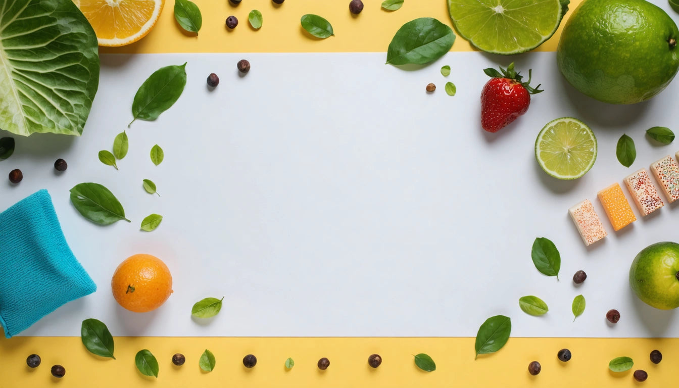 White rectangle surrounded by fruits, leaves, and chocolates on a yellow background; includes lime, strawberry, and orange