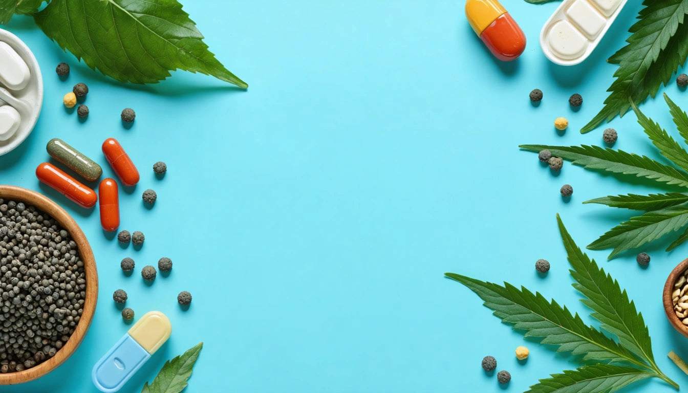 Green leaves, assorted pills, and seeds scattered on a light blue background