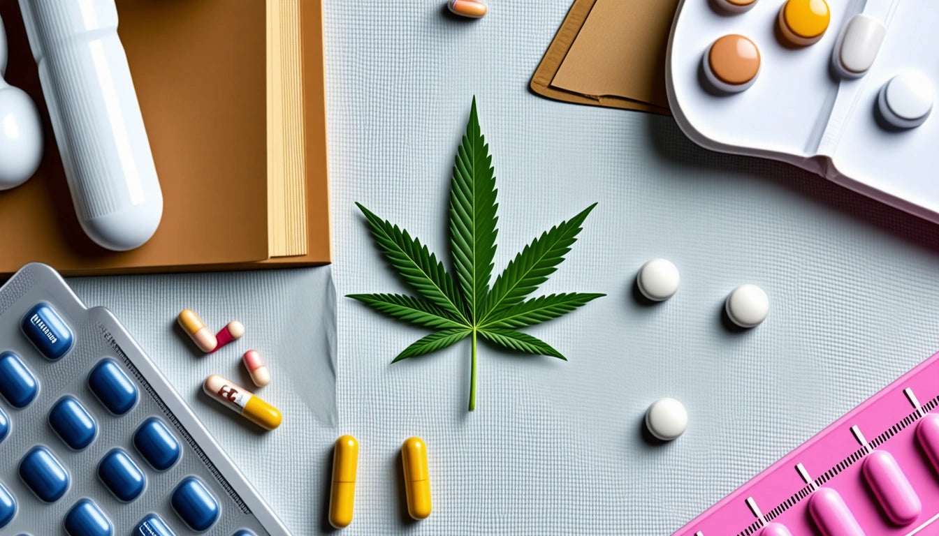 Cannabis leaf surrounded by various pills, capsules, blister packs, and a pink ruler on a textured surface