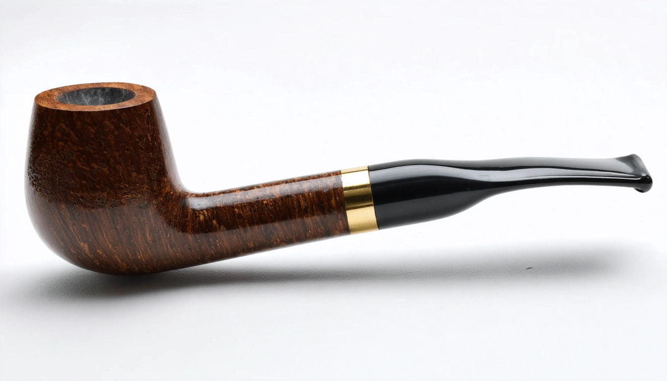 Brown wooden smoking pipe with a black mouthpiece and gold band, resting on a white surface