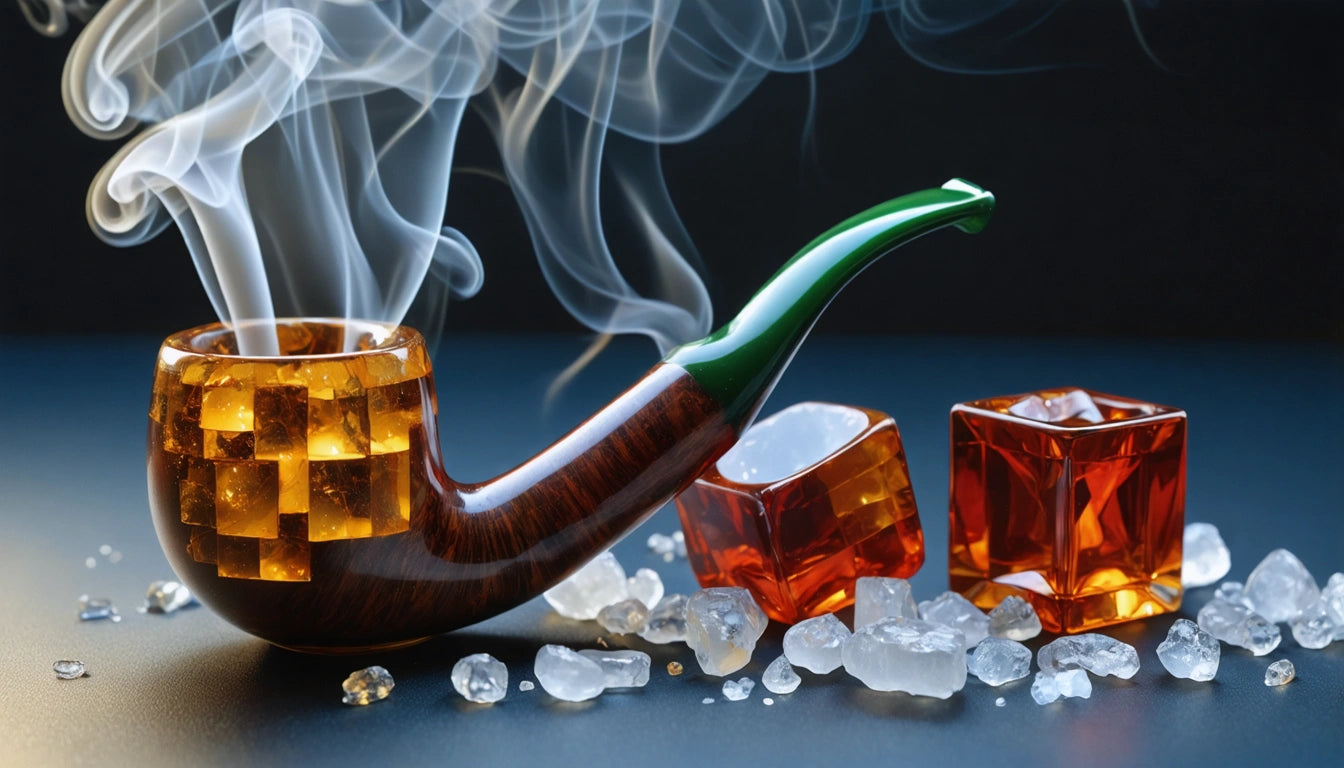 Wooden pipe with green stem emitting smoke, surrounded by ice cubes and two amber glass cubes on a dark surface
