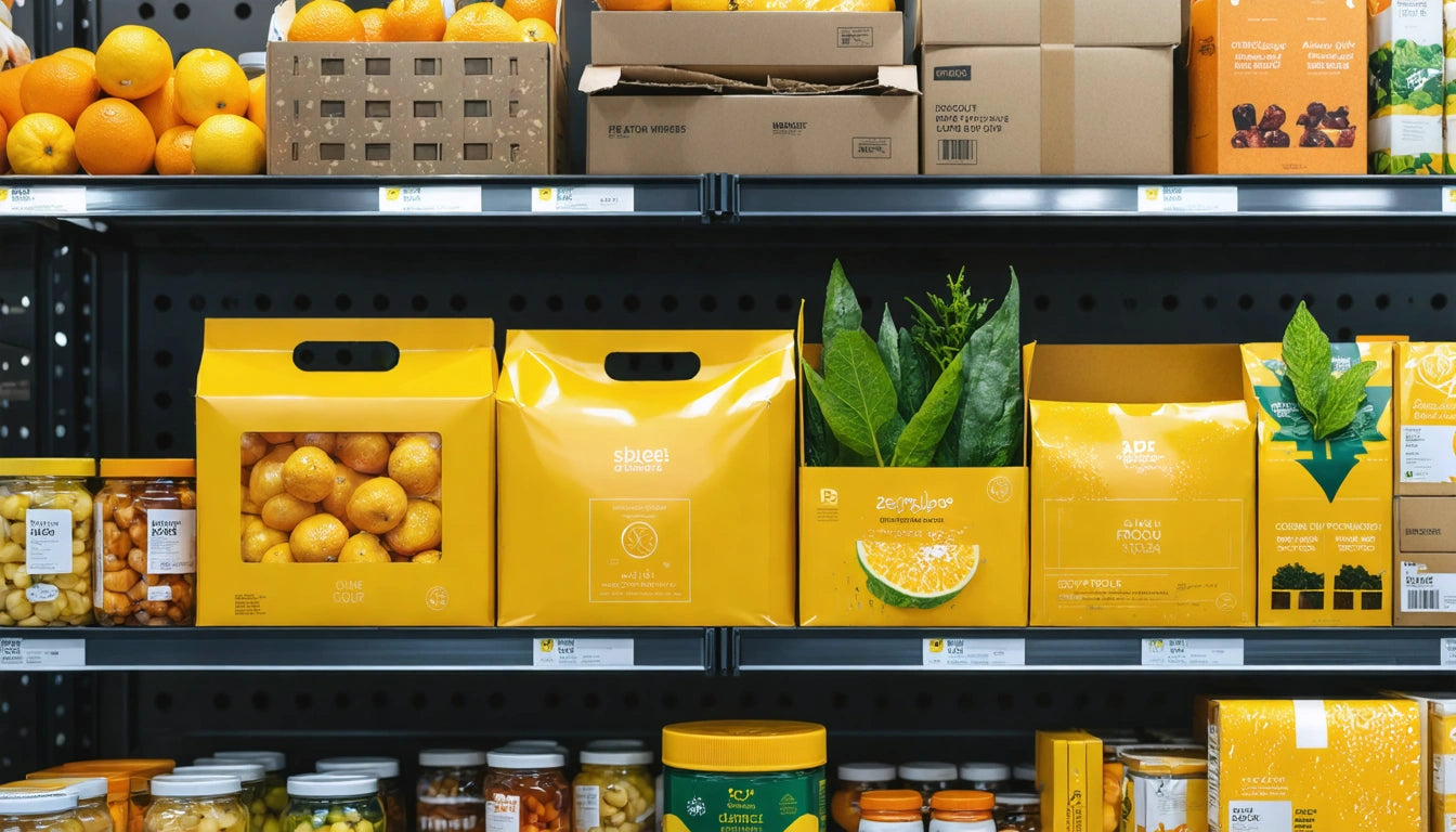 Yellow boxes and cartons on shelves with oranges, leafy greens, and various jars of food items