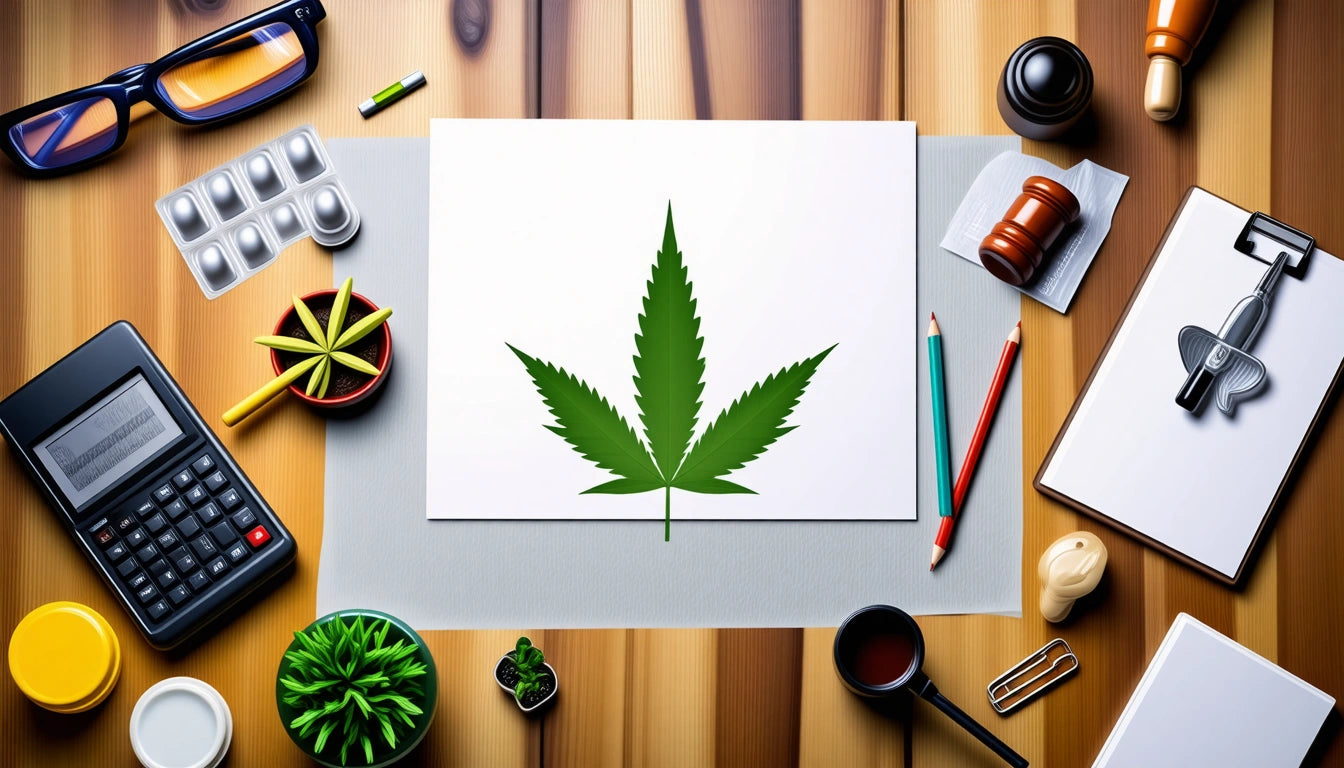 White paper with green leaf drawing on wooden table, surrounded by calculator, glasses, pills, gavel, and colored pencils