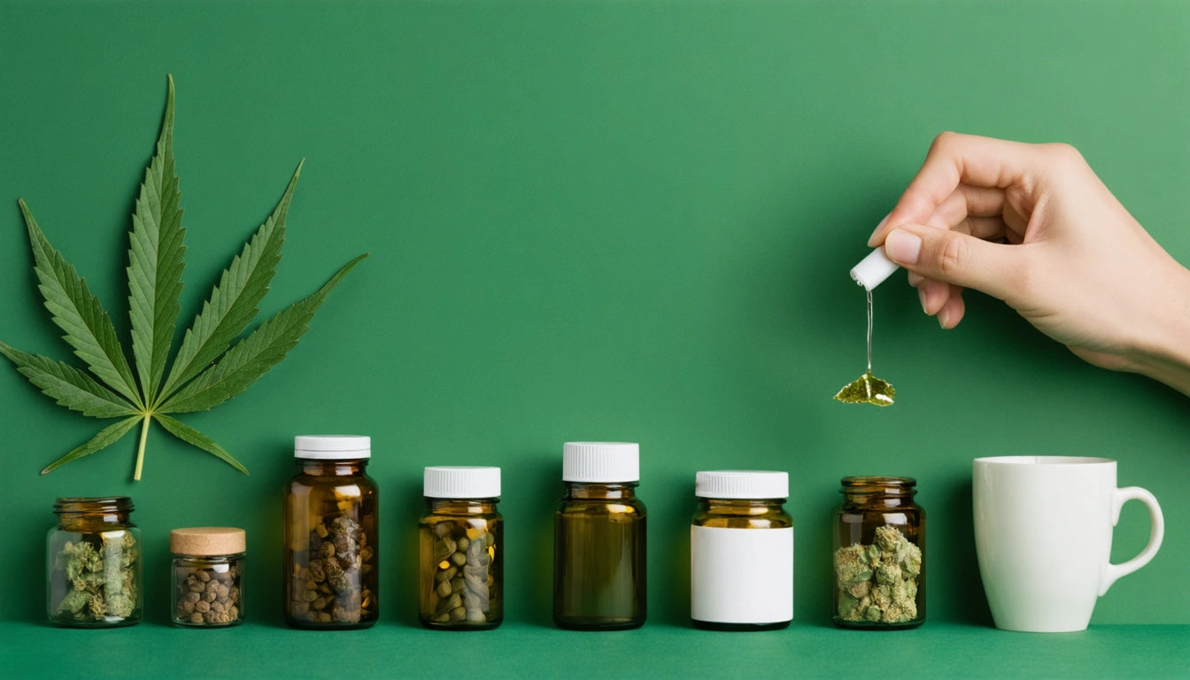 Hand holding dropper above row of brown and white bottles, cannabis leaf on left, white mug on right, green background