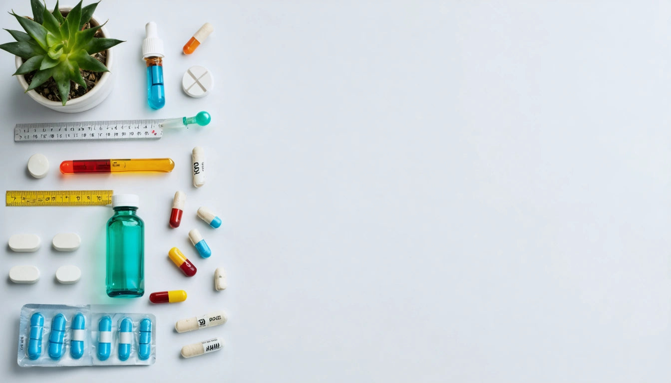 Assorted pills, capsules, and medicine bottles arranged on left; small potted succulent at top left, white background