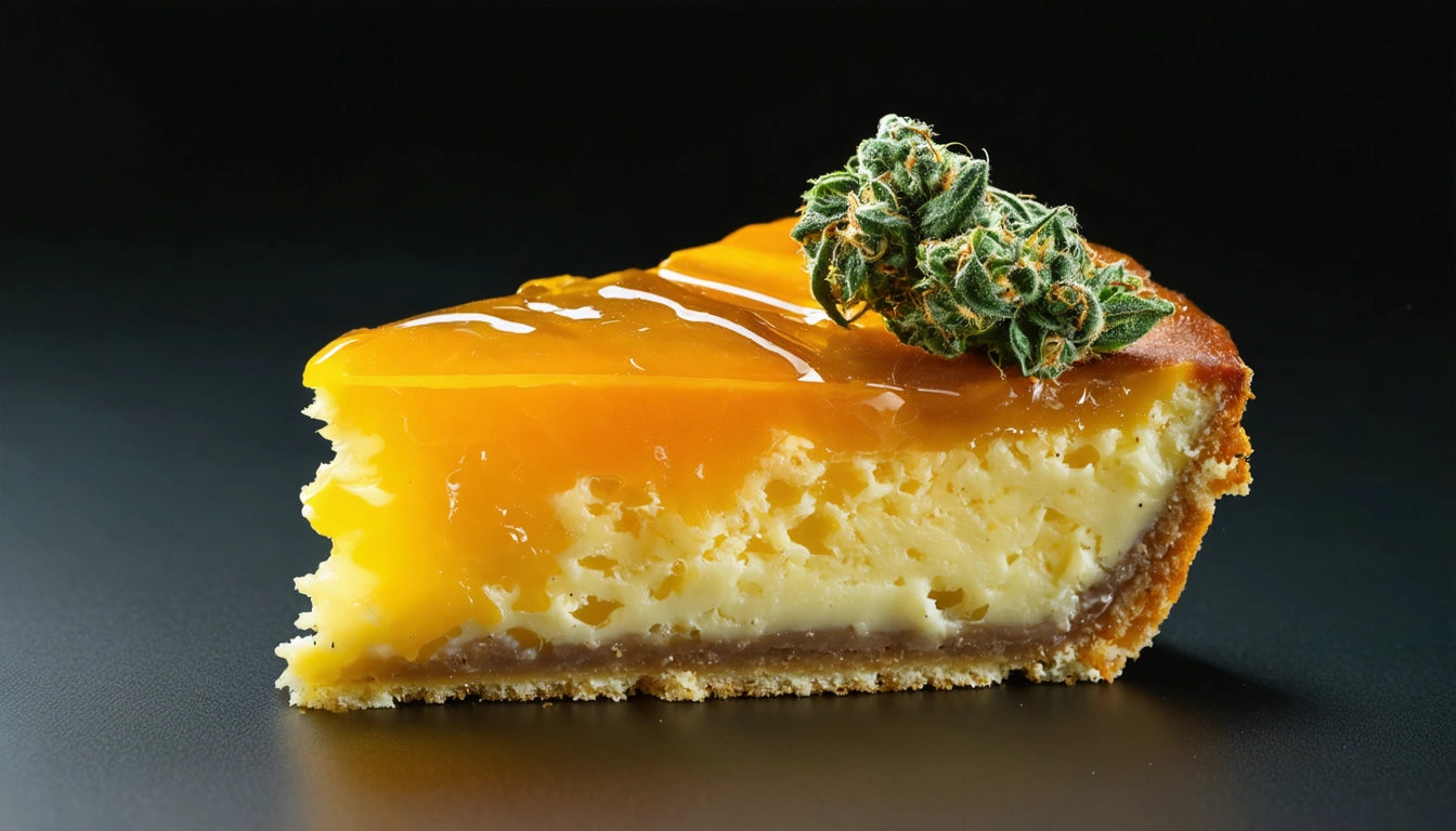 Slice of cheesecake with glossy yellow topping and a small green plant garnish on a dark background