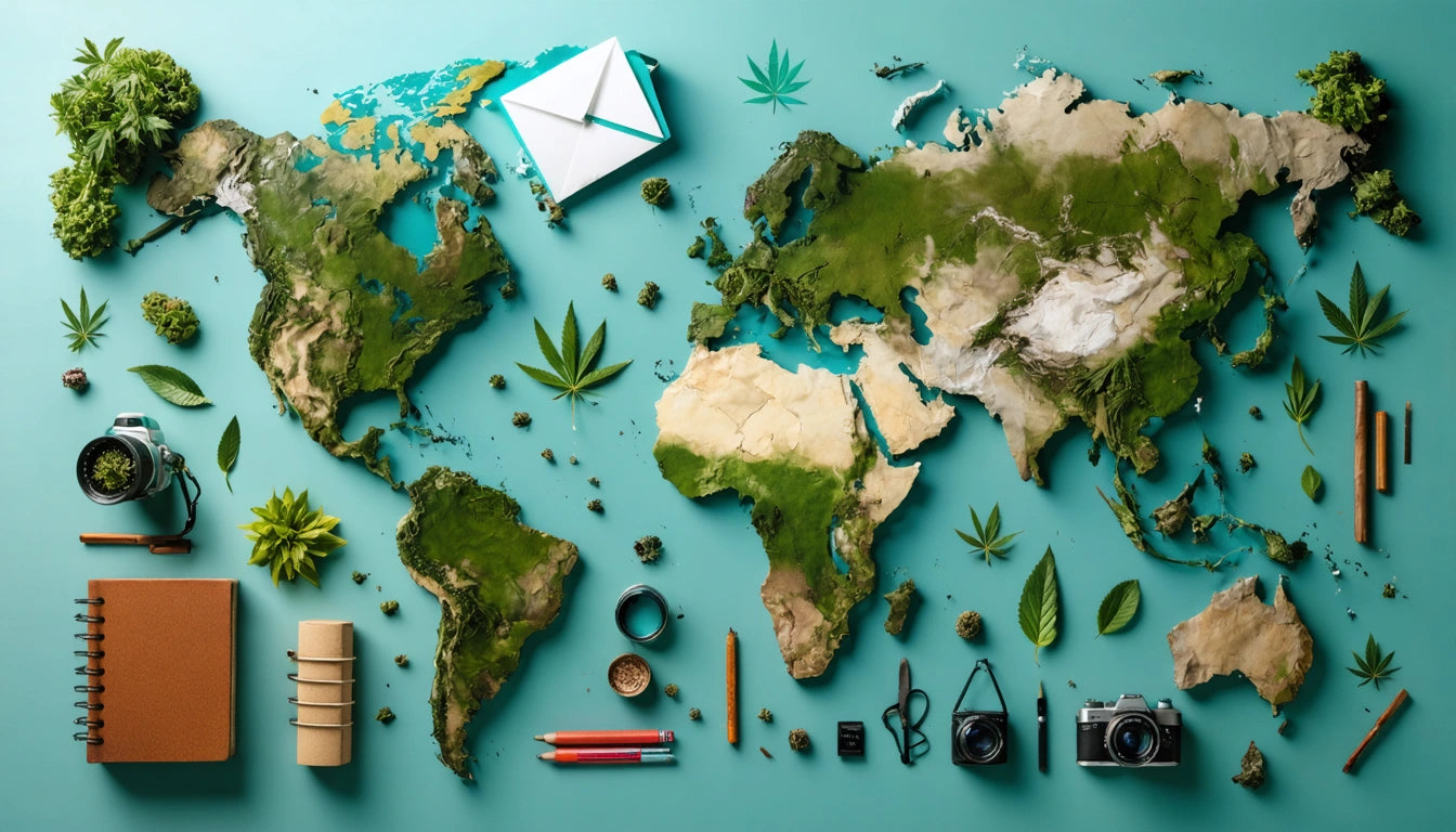 World map made of greenery on teal background, surrounded by camera, notebook, pencils, envelope, and leaves