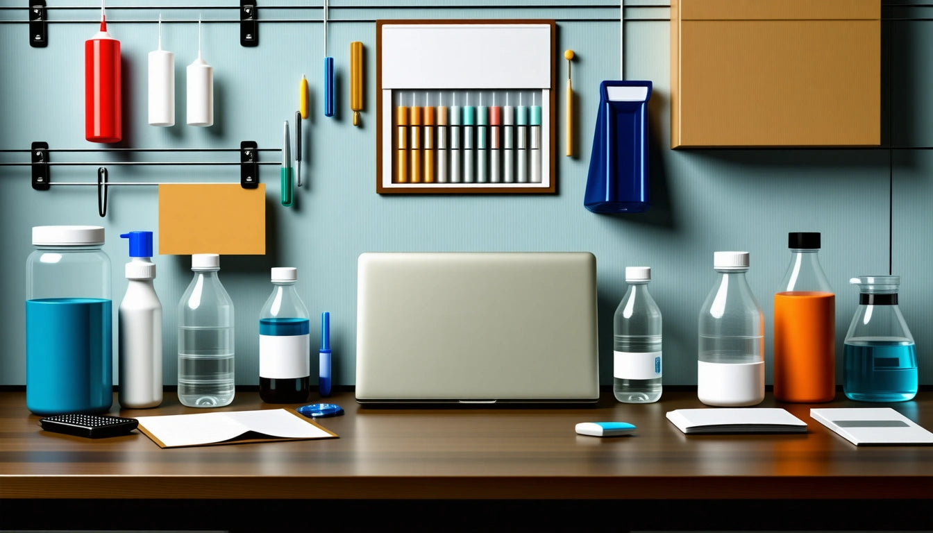 Laptop on wooden desk surrounded by bottles, papers, and pens; shelves with boxes and containers on wall above