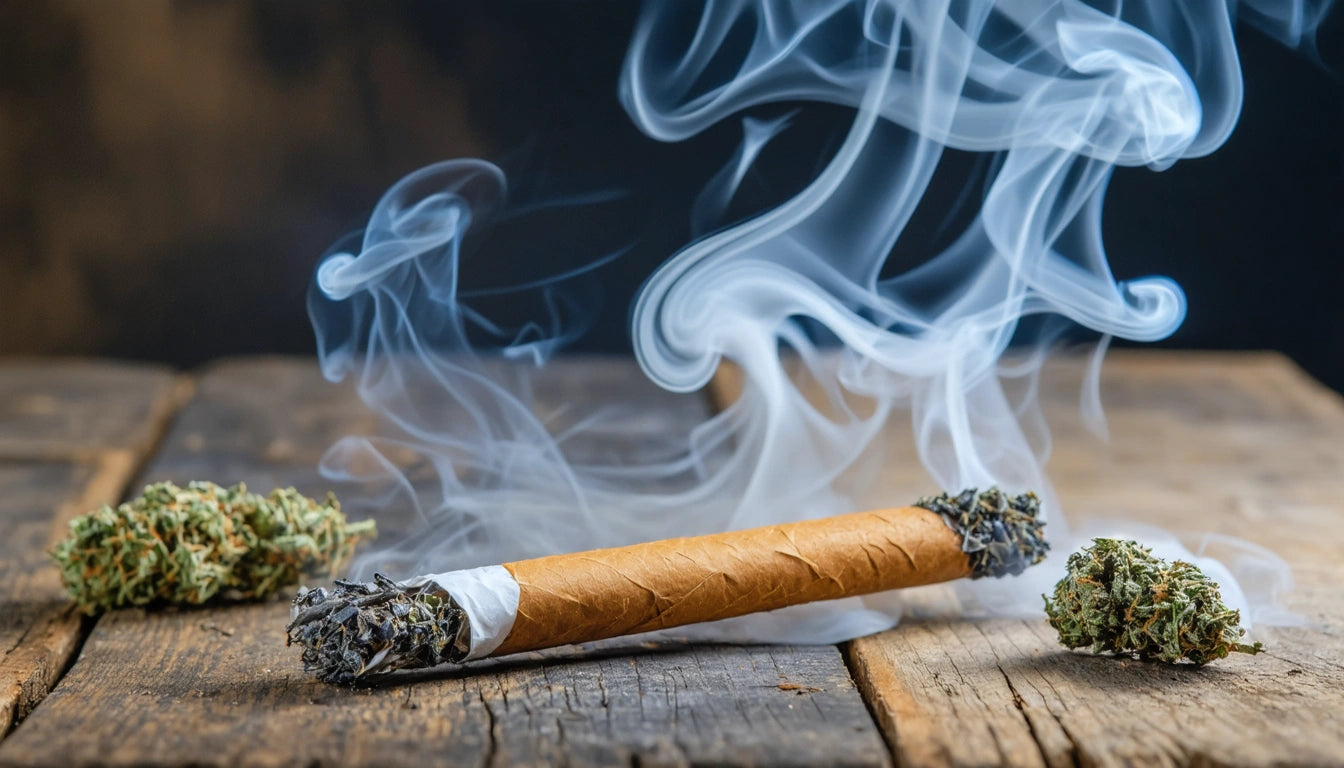 Rolled cigarette with smoke rising, surrounded by small piles of dried herbs on a wooden surface