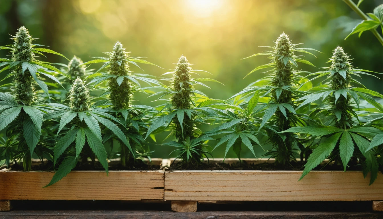 Wooden planter box with rows of green leafy plants under bright sunlight