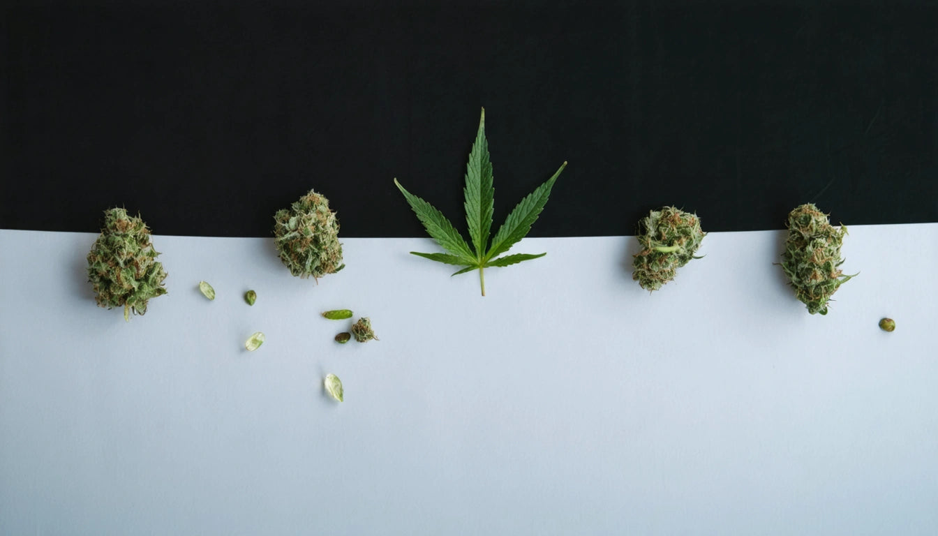 Green leaf and buds on black and white background, scattered seeds on left