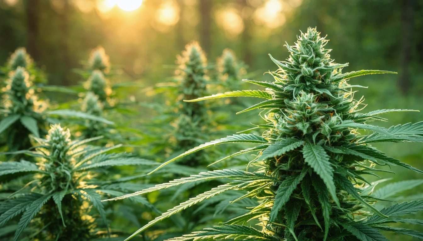 Dense green plants with pointed leaves and buds, sunlight filtering through trees in the background