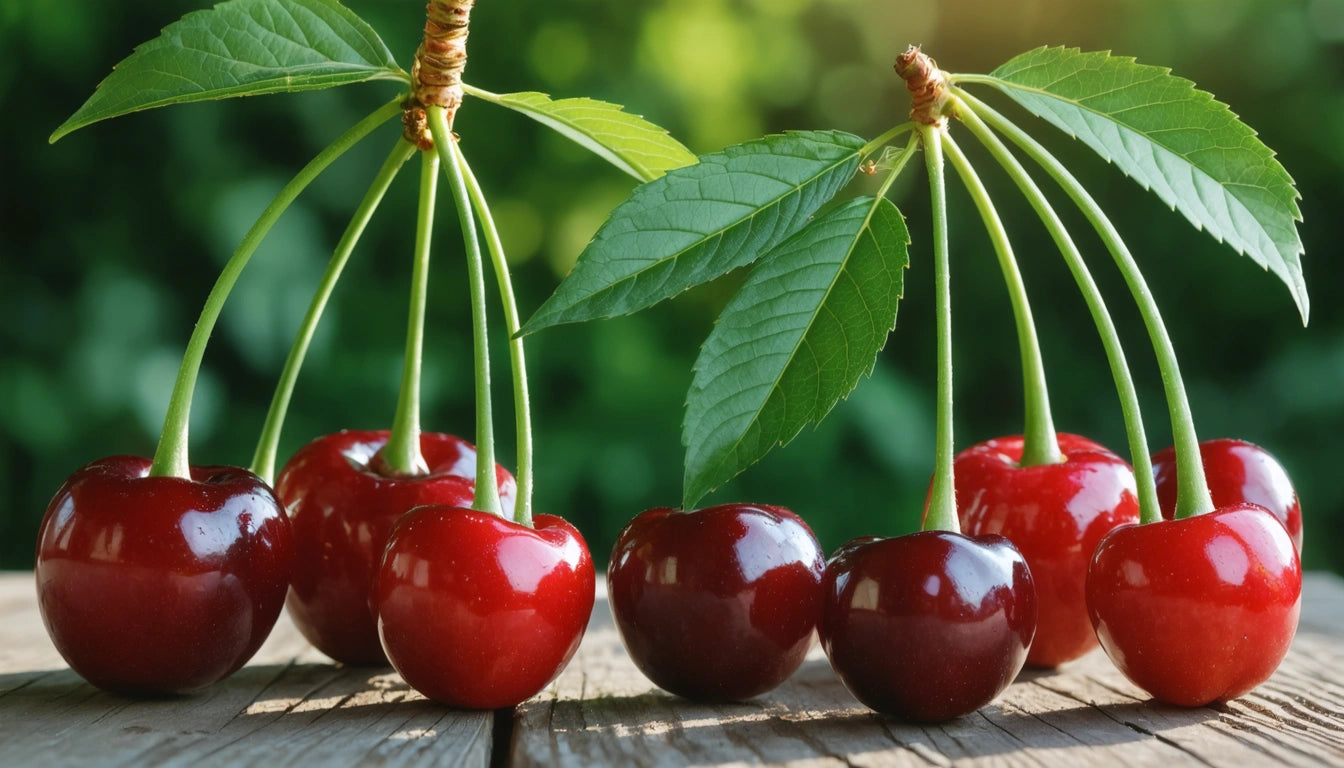 Red cherries with green stems and leaves on a wooden surface, blurred green background