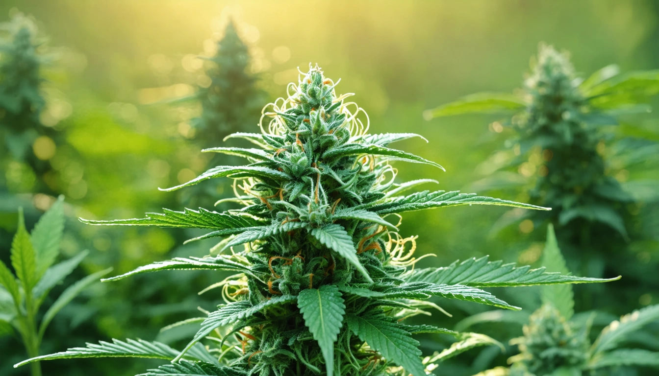 Green plant with pointed leaves and white hairs, backlit by warm sunlight, surrounded by blurred greenery