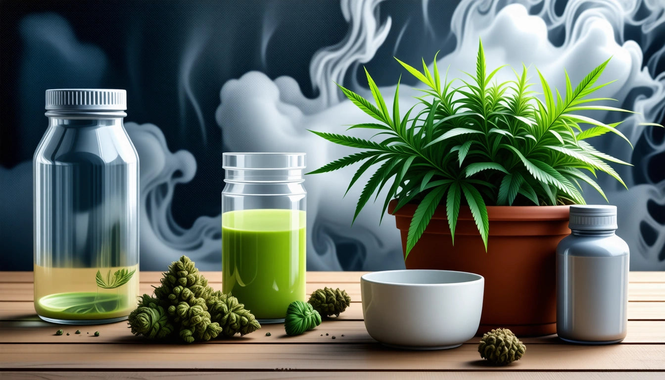 Glass jars with green liquid, potted plant, white bowl, and metal container on wooden surface; smoky background