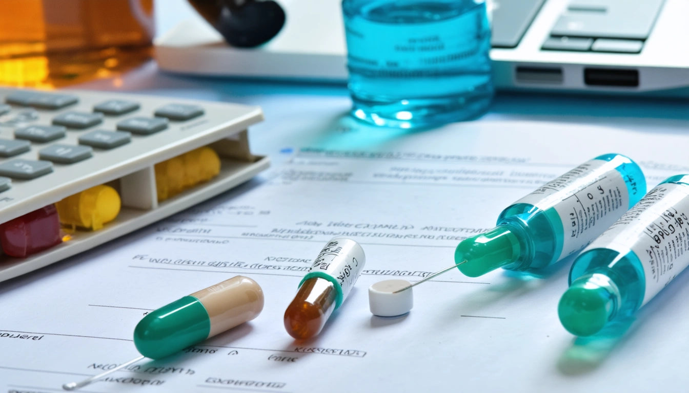 Calculator, pill organizer, capsules, and syringes on a desk with papers and a laptop in the background