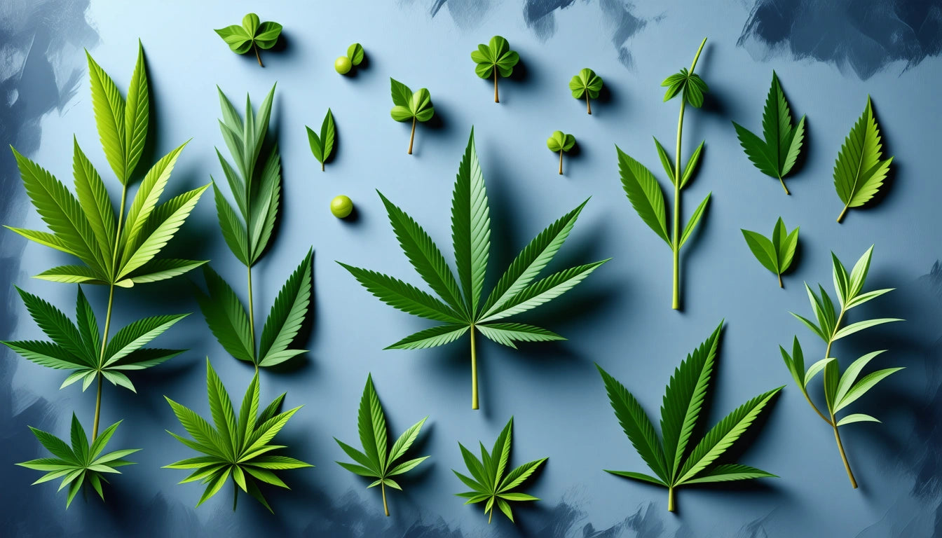 Various green leaves, including clover and cannabis, arranged on a textured blue surface