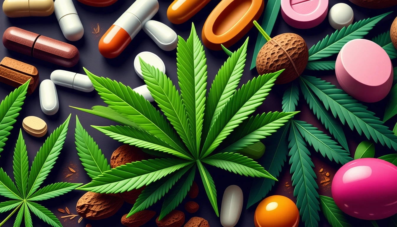 Green cannabis leaves surrounded by assorted pills and capsules on a dark surface