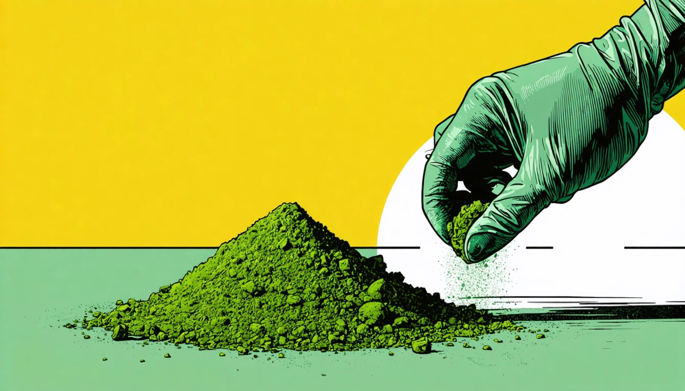 Gloved hand sprinkling green powder beside a small pile on a green surface, with a yellow background and white circle