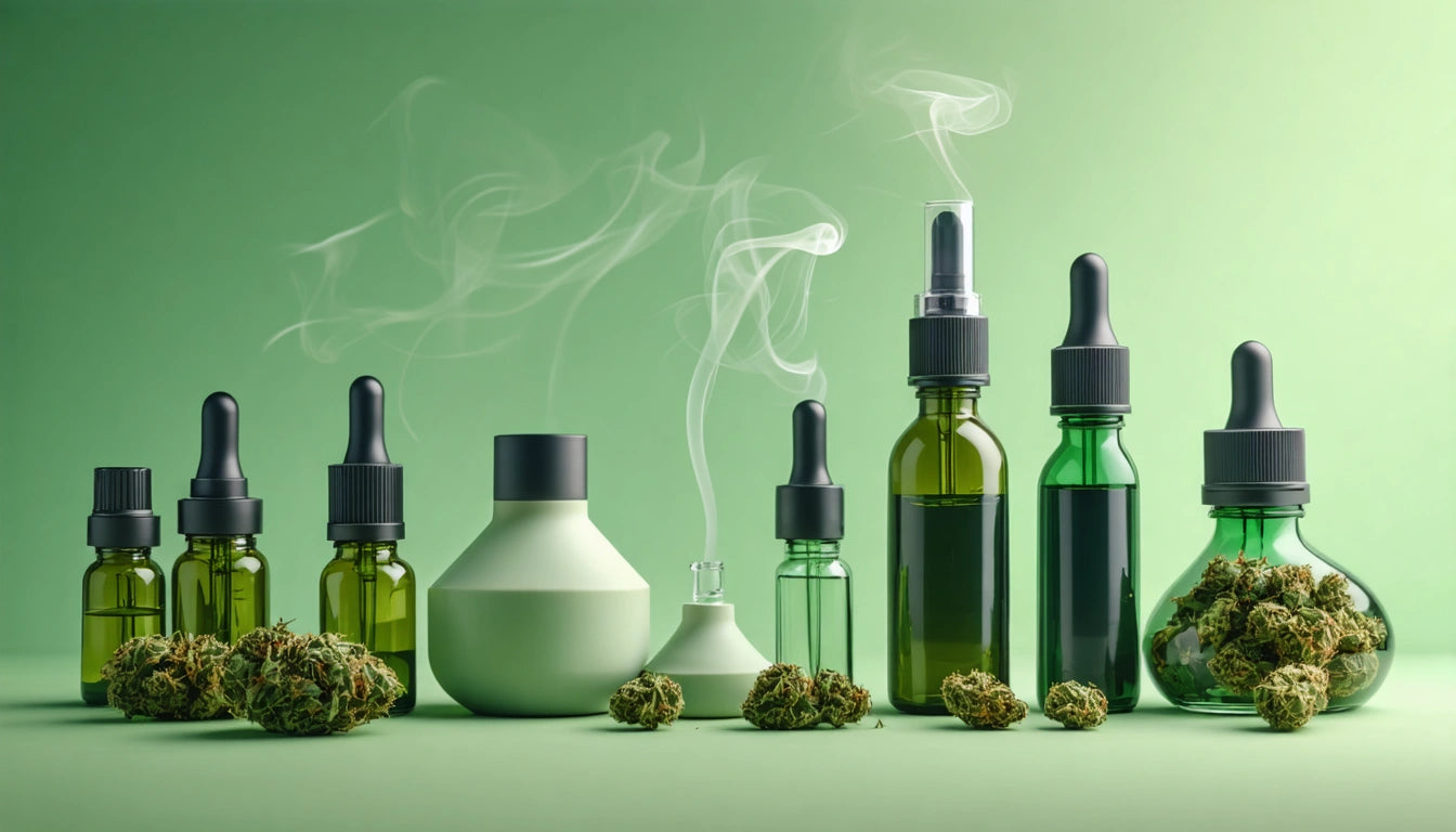 Various green glass bottles with droppers, some emitting smoke, surrounded by clusters of dried herbs on a green background