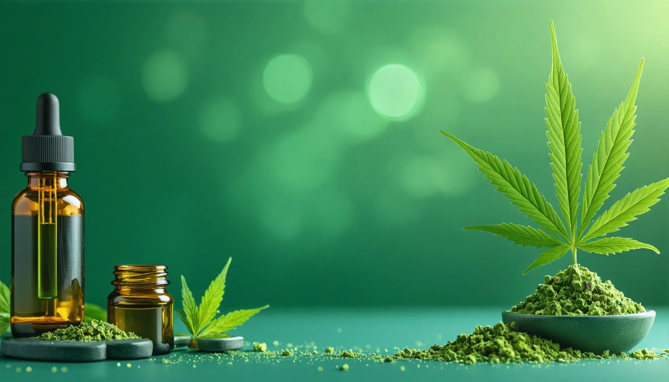 Amber dropper bottles, cannabis leaves, and green powder on a teal surface with a blurred green background