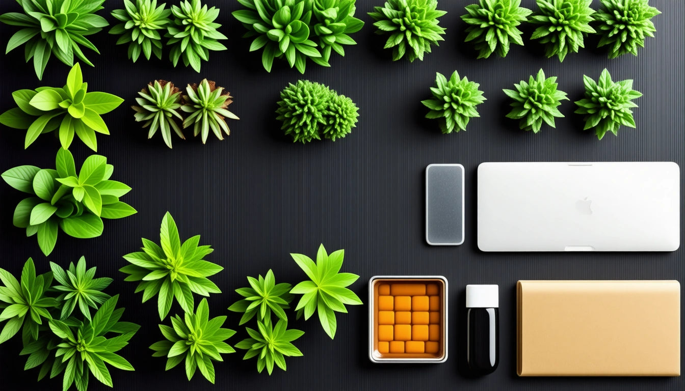 Succulent plants arranged in rows above a black surface, with a laptop, speaker, orange cubes in a tray, bottle, and notebook below