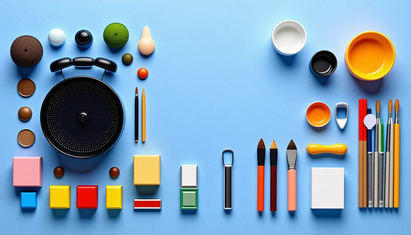 Assorted art supplies and kitchen items on a blue background, including brushes, bowls, colored blocks, and a frying pan