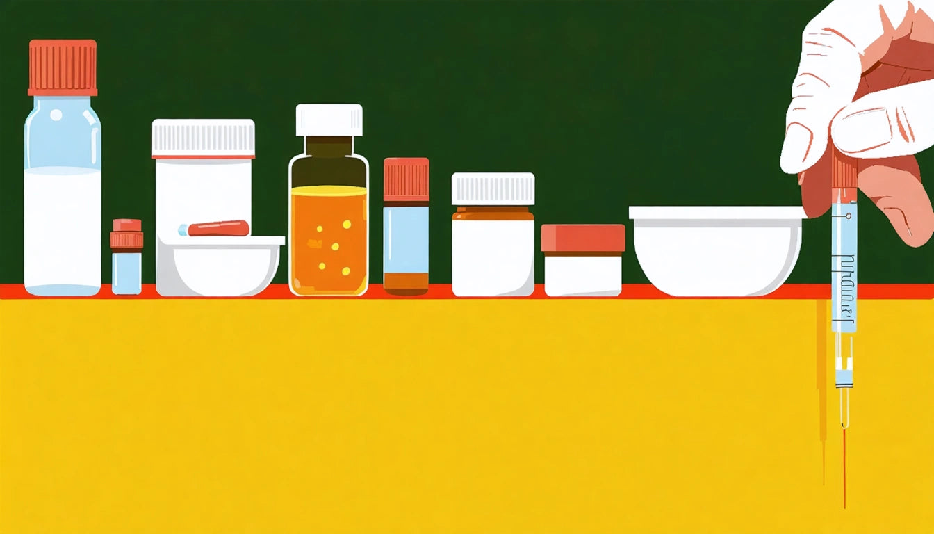 Bottles and containers with red caps on a yellow surface, hand holding a syringe on the right, green background