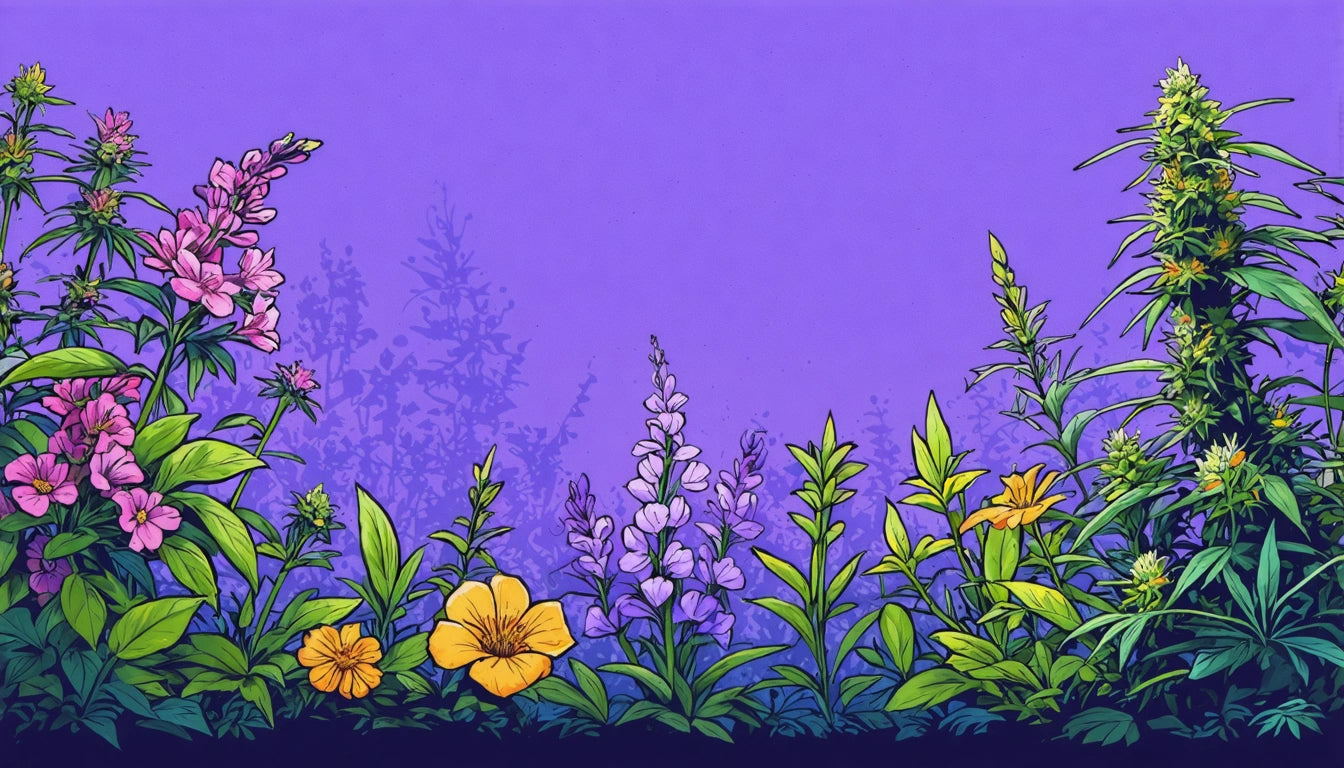 Colorful flowers and green plants against a purple background, with pink, yellow, and purple blooms