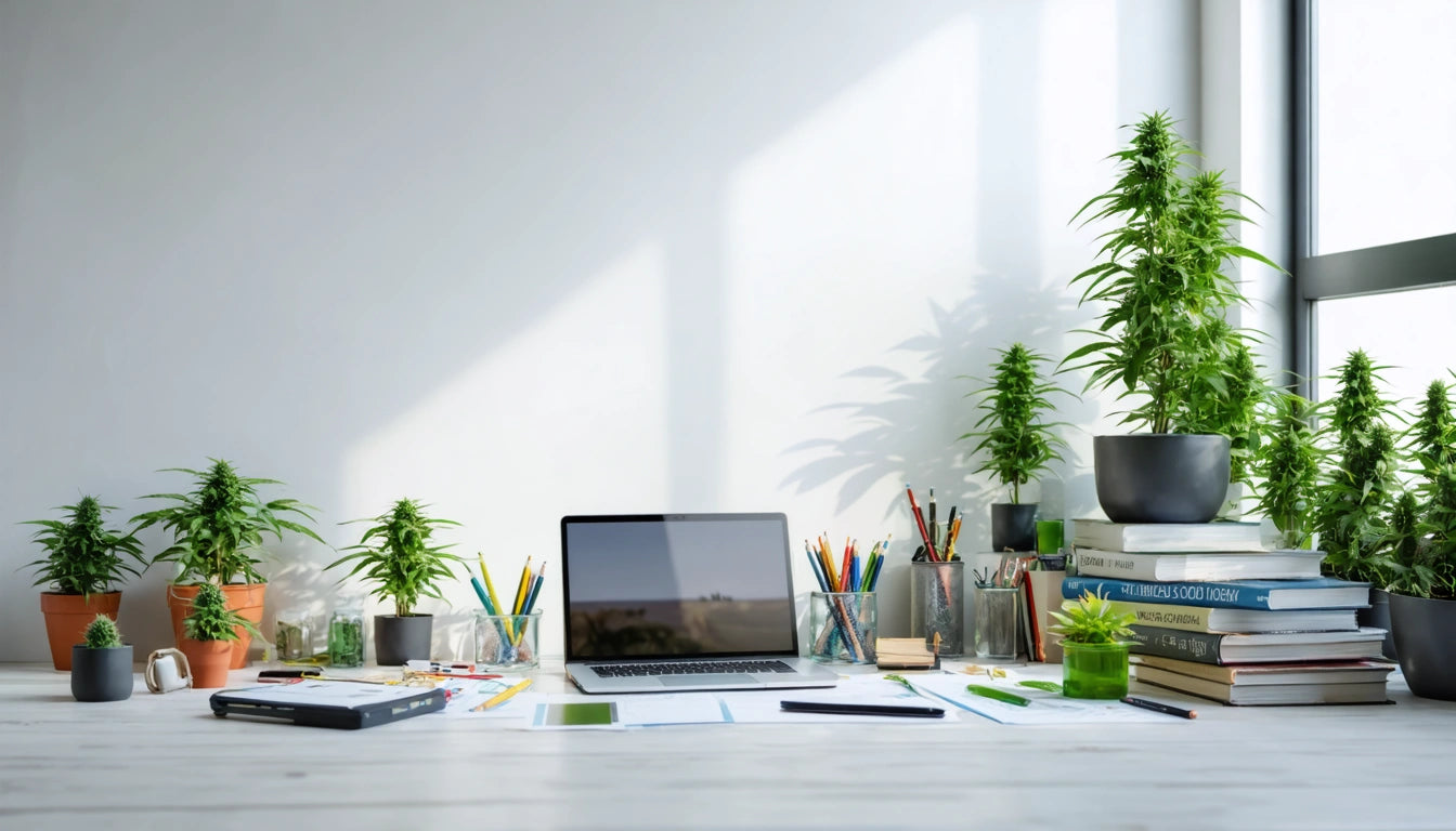 Laptop on desk surrounded by potted plants, books, and stationery, with sunlight streaming through a window