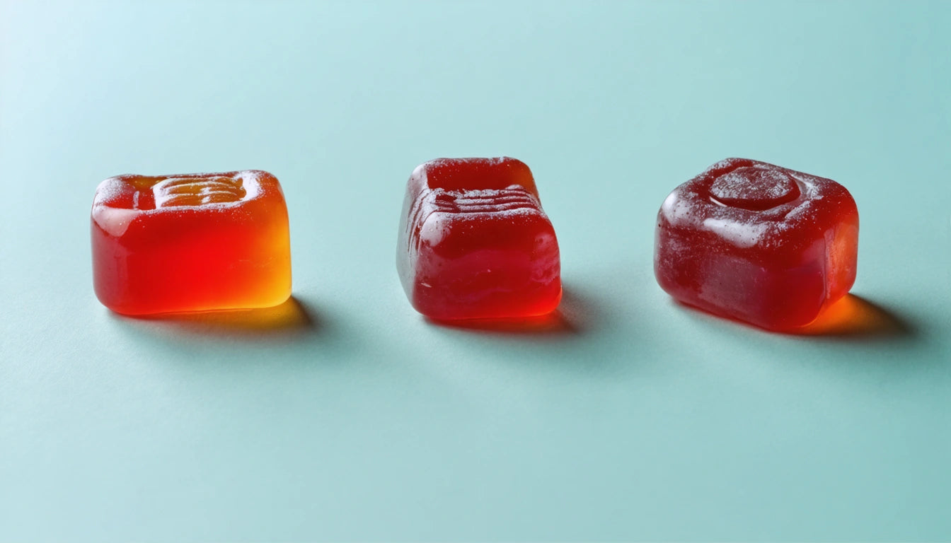 Three red-orange gummy candies on a light blue surface, each with a distinct shape and glossy texture